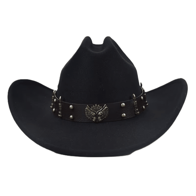 Chapeau cowboy noir bandeau balles et emblème pistolets western (2)