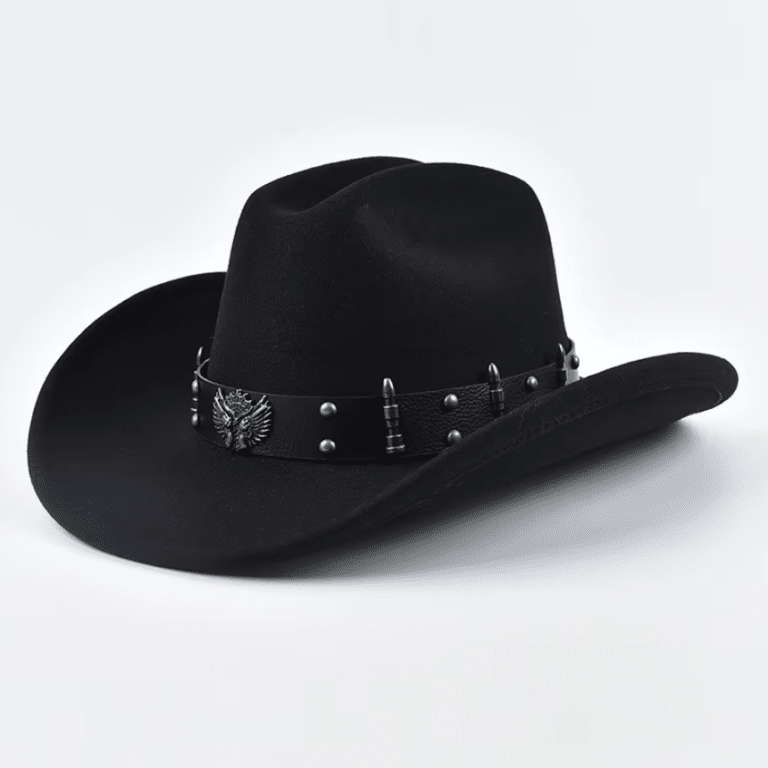 Chapeau cowboy noir bandeau balles et emblème pistolets western (4)