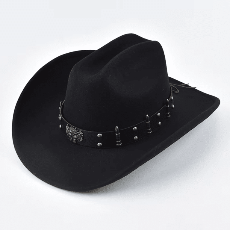 Chapeau cowboy noir bandeau balles et emblème pistolets western (5)