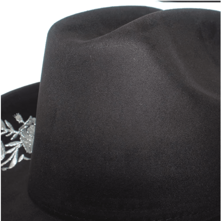 Chapeau cowboy noir effet daim broderie florale dorée (4)