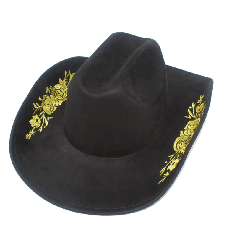 Chapeau cowboy noir effet daim broderie florale dorée (6)