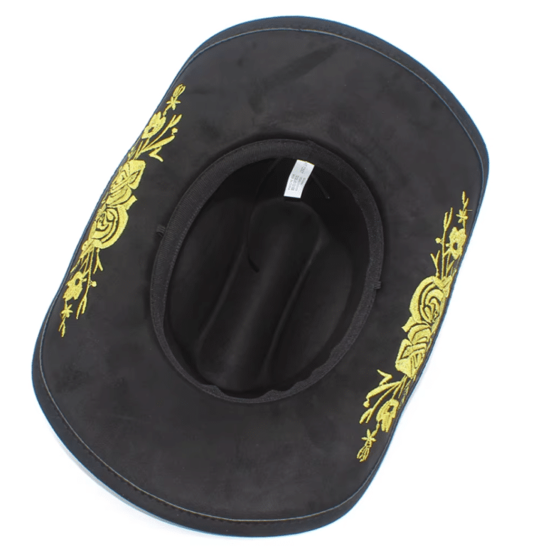 Chapeau cowboy noir effet daim broderie florale dorée (7)