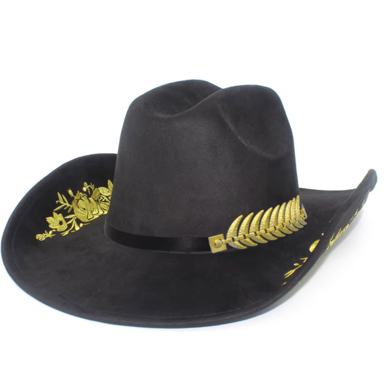 Chapeau cowboy noir effet daim broderie florale dorée (8)