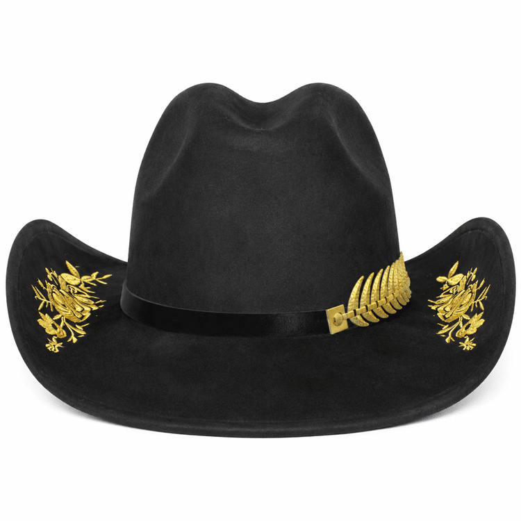 Chapeau cowboy noir effet daim broderie florale dorée (9)