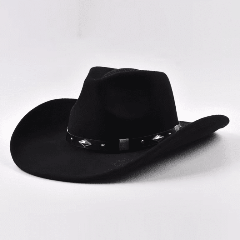 Chapeau cowboy noir en feutre avec bandeau riveté western (3)