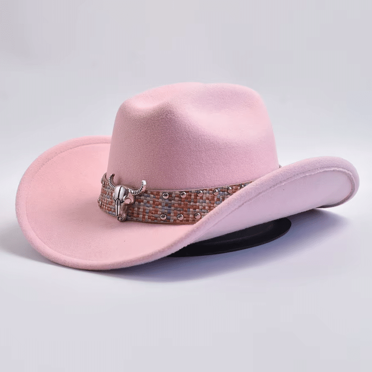Chapeau cowboy rose à bandeau western et tête de taureau (2)