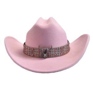 Chapeau cowboy rose à bandeau western et tête de taureau