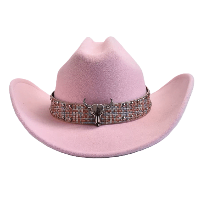 Chapeau cowboy rose à bandeau western et tête de taureau (3)