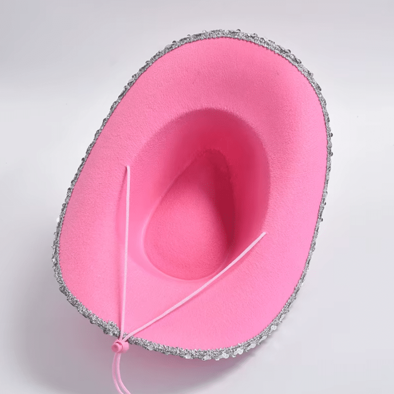 Chapeau cowboy rose à paillettes argentées et cordon western (2)