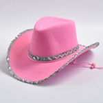 Chapeau cowboy rose à paillettes argentées et cordon western (5)