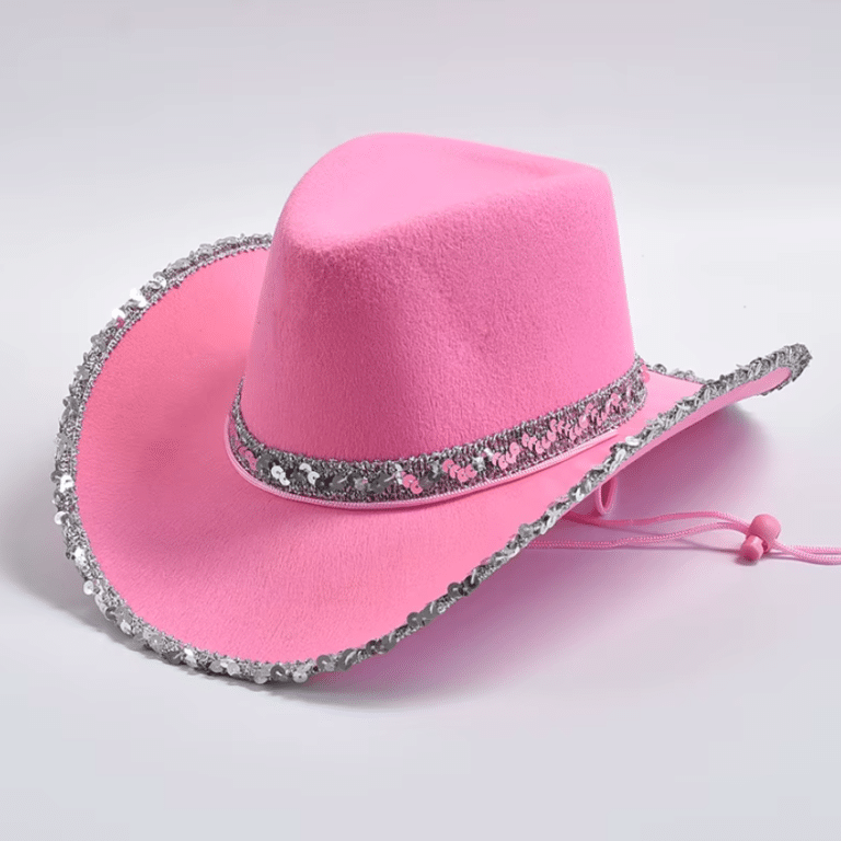 Chapeau cowboy rose à paillettes argentées et cordon western (5)