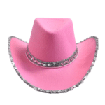 Chapeau cowboy rose à paillettes argentées et cordon western (6)
