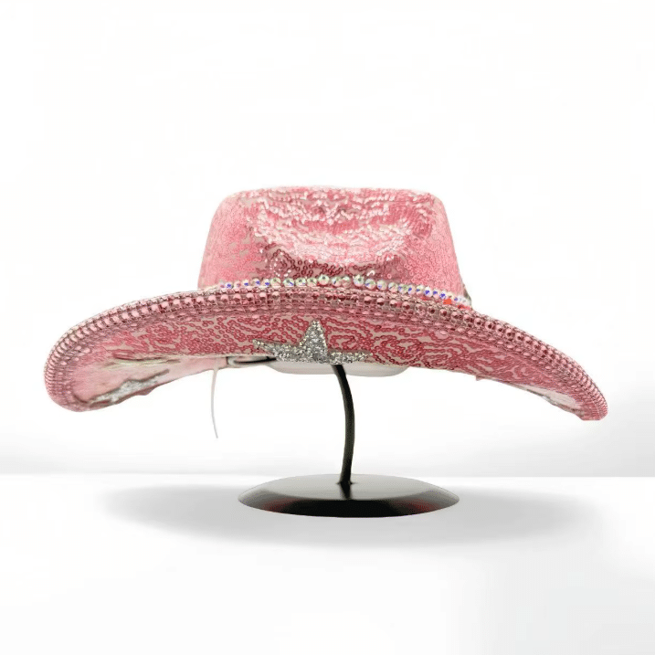 Chapeau cowboy rose à paillettes et strass festival (2)