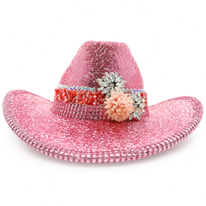 Chapeau cowboy rose à paillettes et strass festival