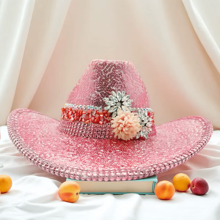 Chapeau cowboy rose à paillettes et strass festival (4)