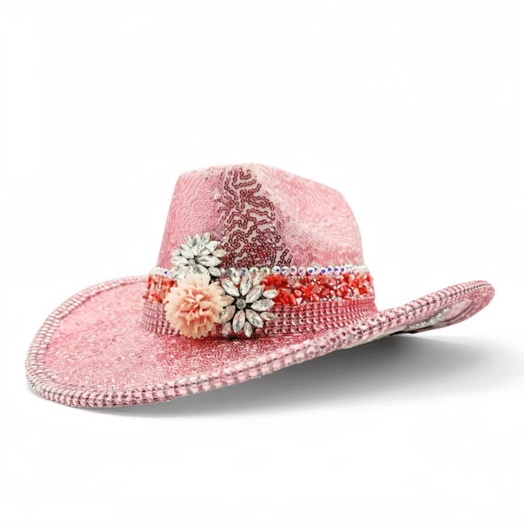 Chapeau cowboy rose à paillettes et strass festival (5)