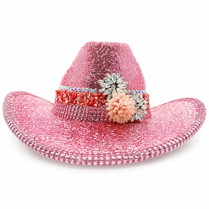 Chapeau cowboy rose à paillettes et strass festival