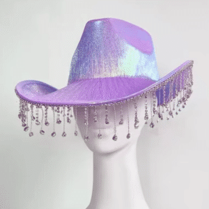 Chapeau cowboy rose à strass et franges chaîne style western festival