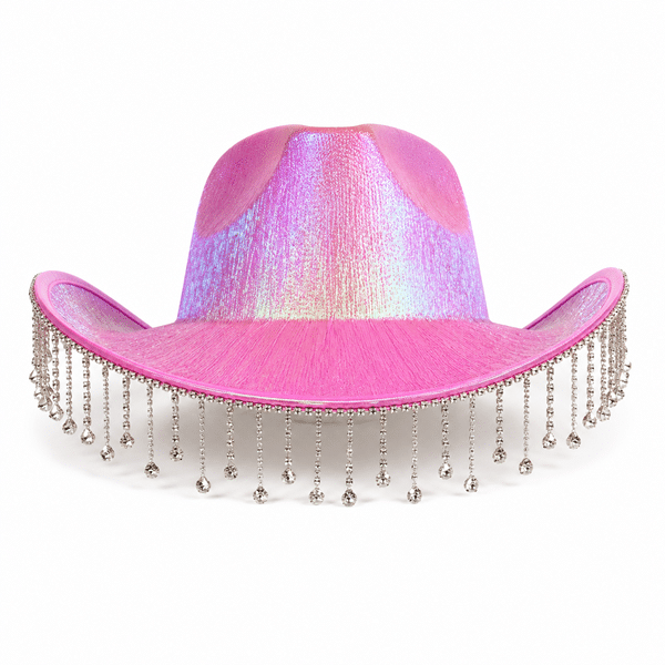 Chapeau cowboy rose à strass et franges chaîne style western festival (4)