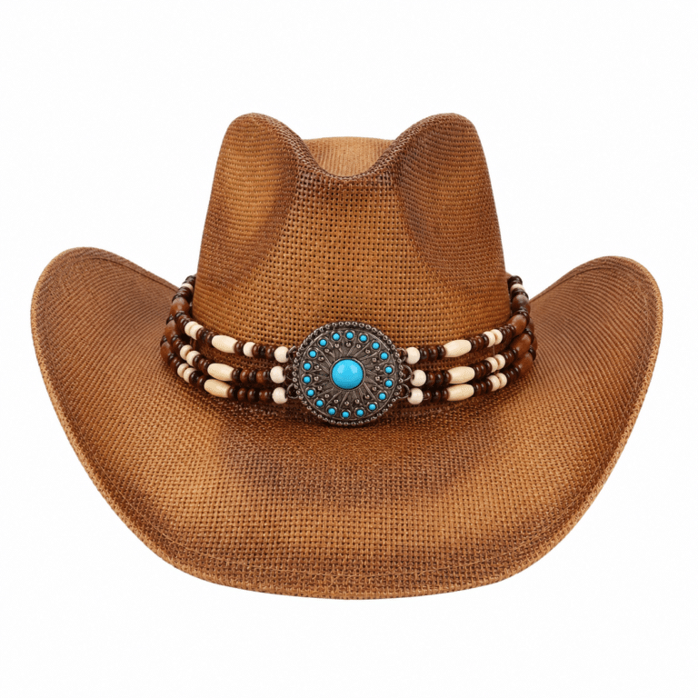 Chapeau western été marron en fibres naturelles avec bandeau turquoise (1)