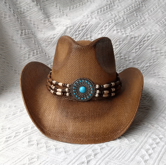 Chapeau western été marron en fibres naturelles avec bandeau turquoise (2)