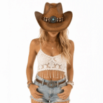 Chapeau western été marron en fibres naturelles avec bandeau turquoise (3)