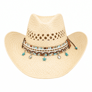 Chapeau cowboy d’été fibres végétales bandeau tressé et coquillages