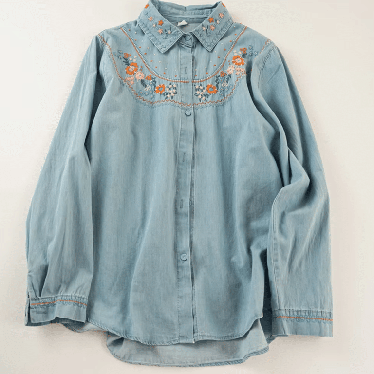 Chemise bleu western femme vintage avec broderies florales (1)