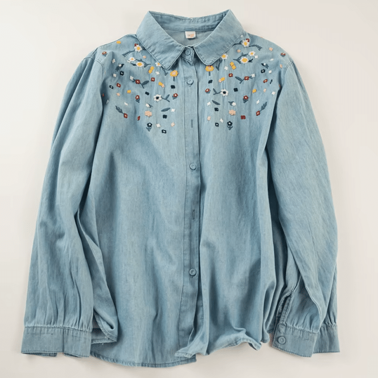 Chemise bleu western femme vintage avec broderies florales (2)
