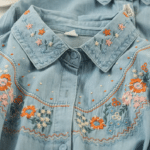 Chemise bleu western femme vintage avec broderies florales (3)