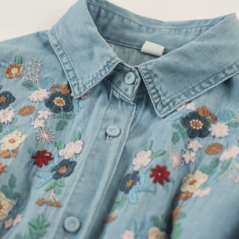 Chemise bleu western femme vintage avec broderies florales (6)