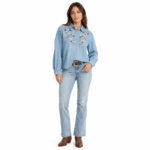 Chemise bleu western femme vintage avec broderies florales (7)
