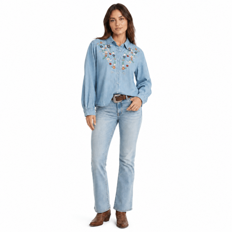 Chemise bleu western femme vintage avec broderies florales (7)