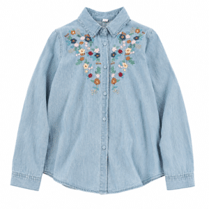 Chemise bleu western femme vintage avec broderies florales