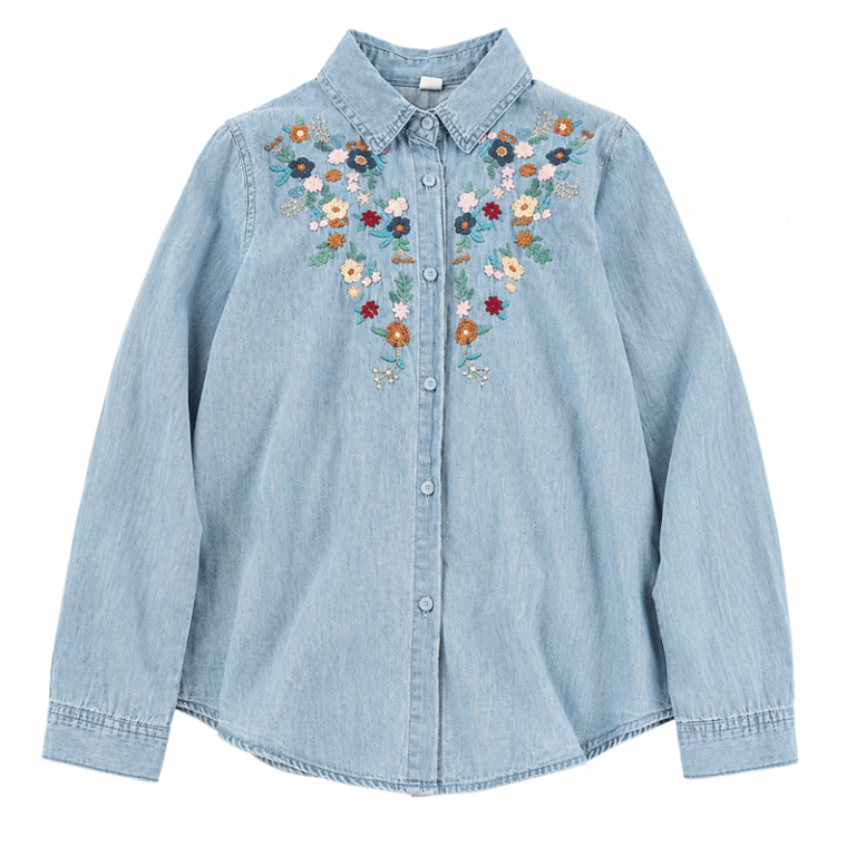 Chemise bleu western femme vintage avec broderies florales (8)
