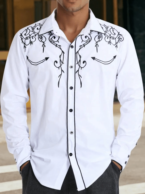 Chemise cowboy blanche brodée noire western country (5)