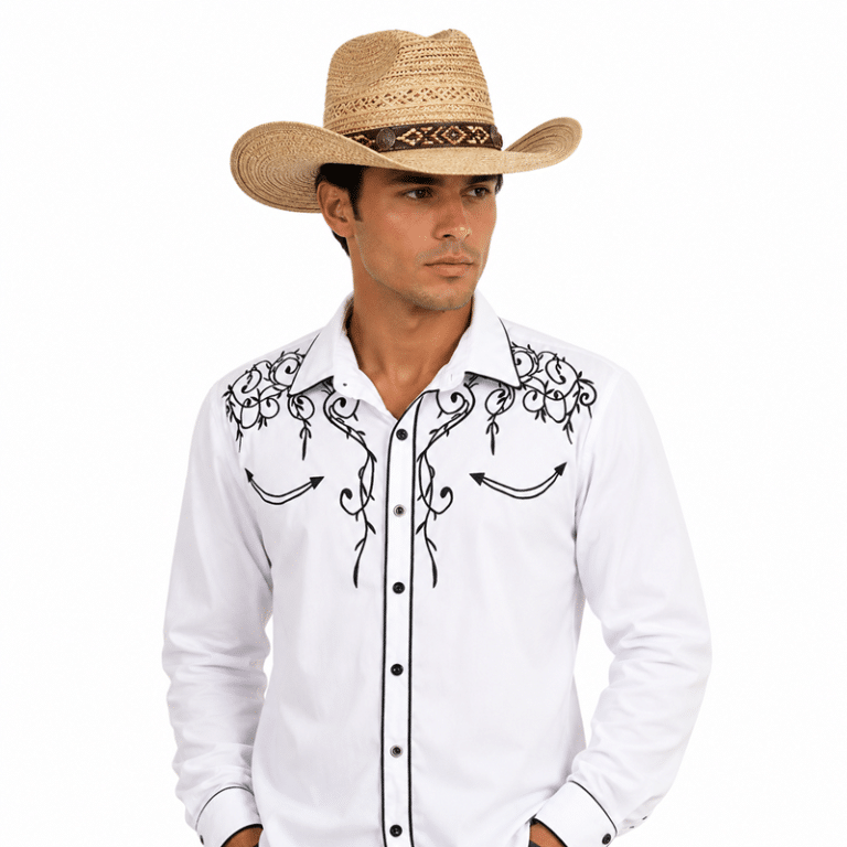 Chemise cowboy blanche brodée noire western country (6)