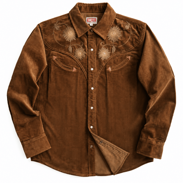 Chemise cowboy homme marron en velours côtelé de coton brodée (1)