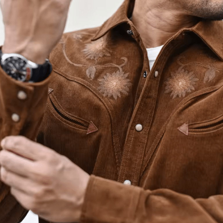 Chemise cowboy homme marron en velours côtelé de coton brodée (18)