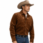 Chemise cowboy homme marron en velours côtelé de coton brodée (20)