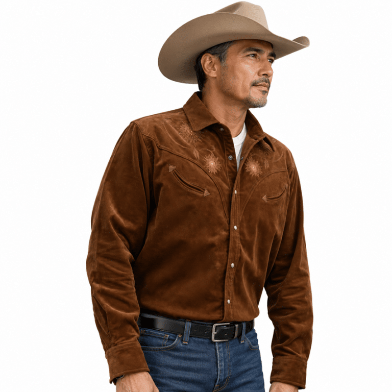 Chemise cowboy homme marron en velours côtelé de coton brodée (20)