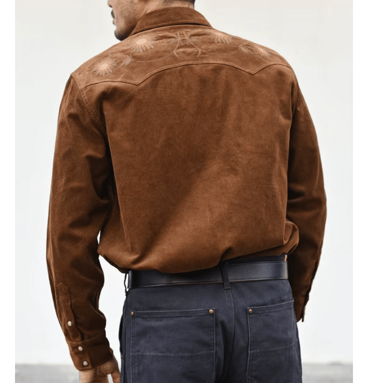 Chemise cowboy homme marron en velours côtelé de coton brodée (4)