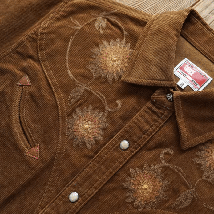 Chemise cowboy homme marron en velours côtelé de coton brodée (5)