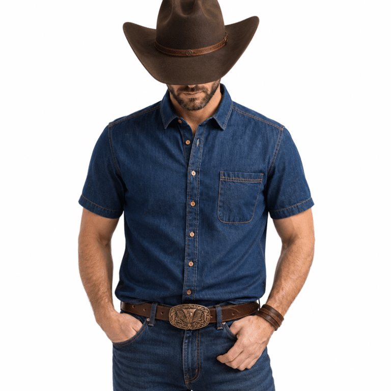 Chemise cowboy jean manches courtes bleu (6)
