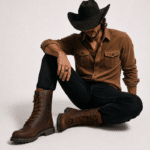 Chemise cowboy marron en velours côtelé à poches ranch (1)