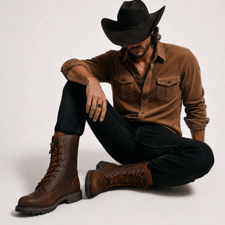 Chemise cowboy marron en velours côtelé à poches ranch (1)
