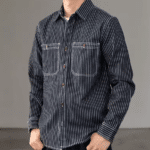 Chemise cowboy noire rayée avec broderie western American Indian (6)