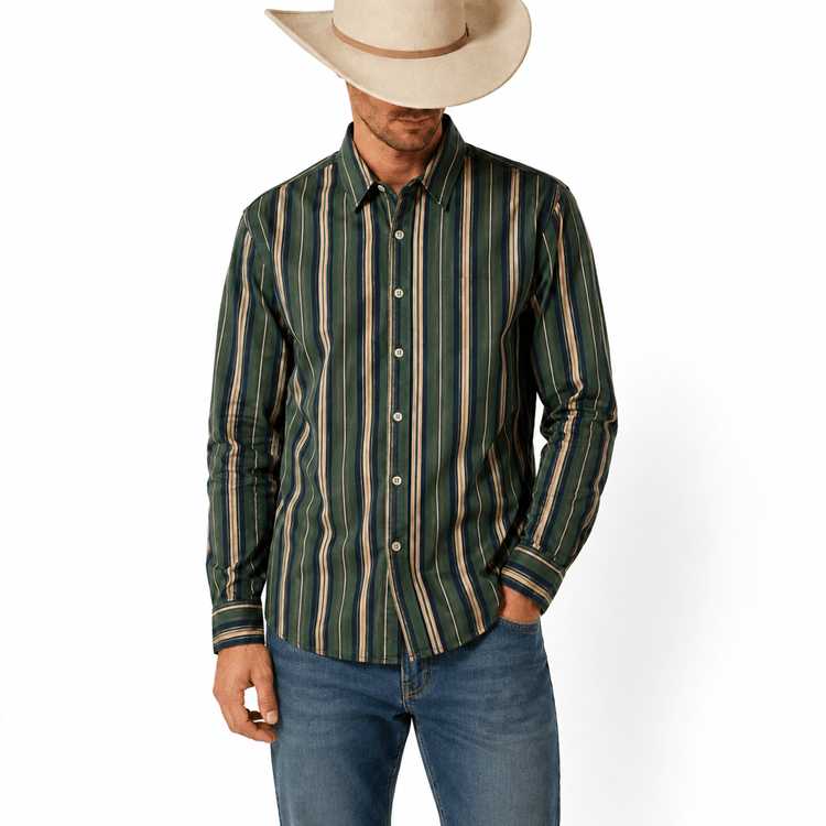 Chemise cowboy rayée verte vintage en coton (1)