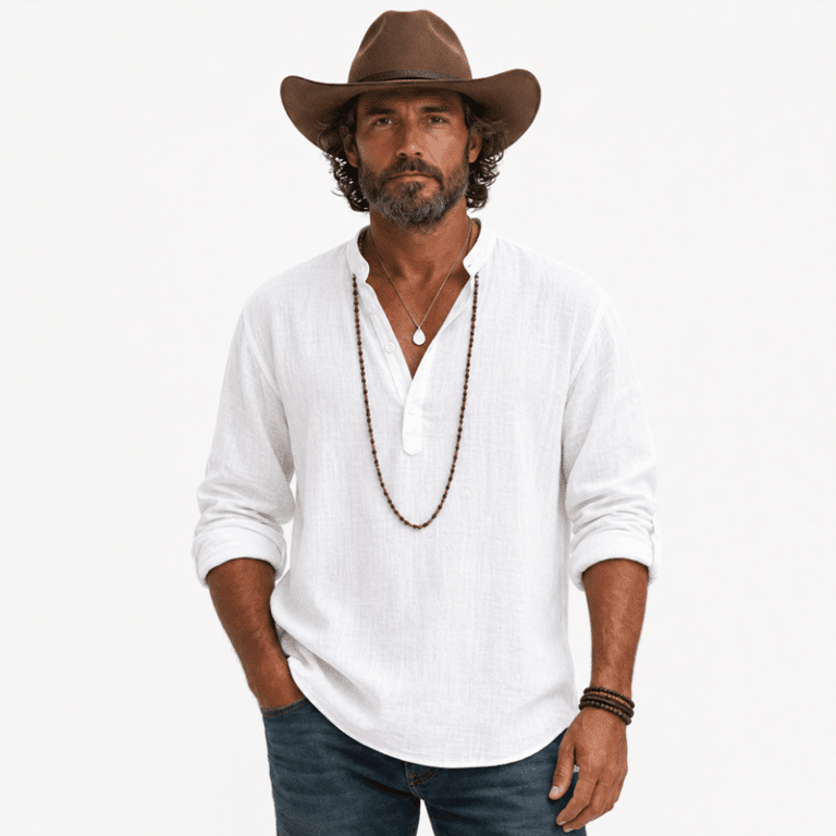 Chemise homme blanche en coton col mao style western (2)