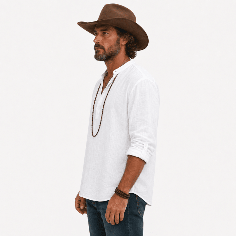 Chemise homme blanche en coton col mao style western (3)